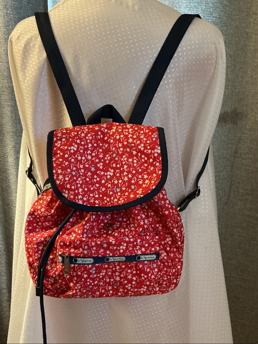 LeSportsac Red Floral Drawstring Backpack with Black Trim
